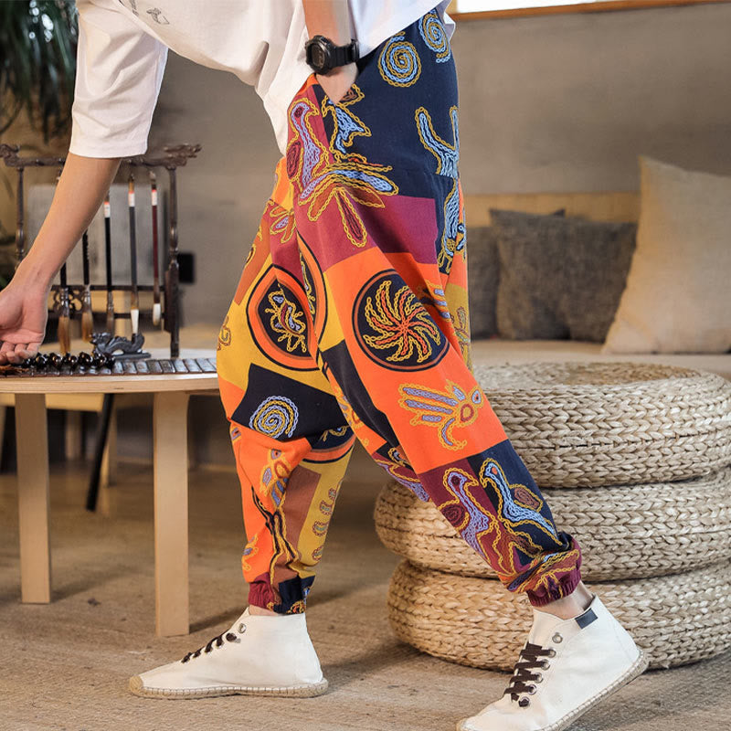Pantalon sarouel en coton à imprimé fleuri et Buddha Stones pour homme avec poches