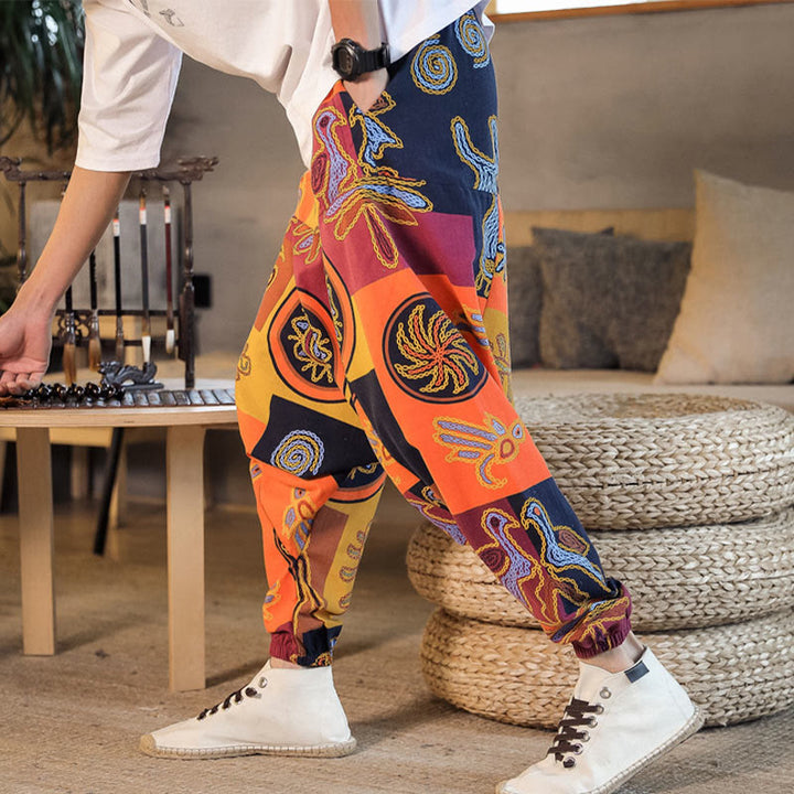 Pantalon sarouel en coton à imprimé fleuri et Buddha Stones pour homme avec poches