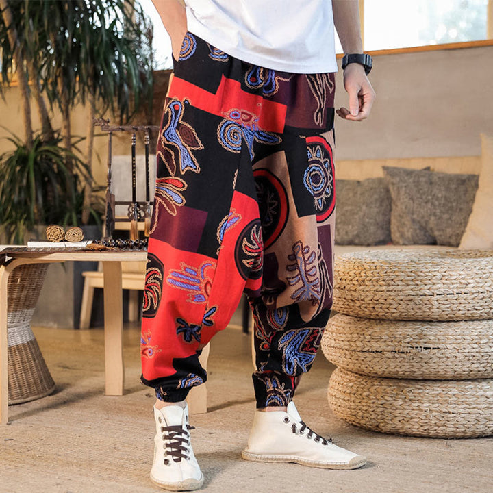 Pantalon sarouel en coton à imprimé fleuri et Buddha Stones pour homme avec poches
