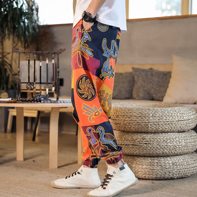 Pantalon sarouel en coton à imprimé fleuri et Buddha Stones pour homme avec poches
