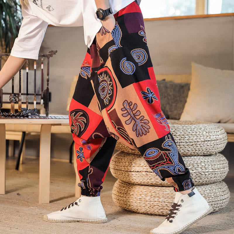 Pantalon sarouel en coton à imprimé fleuri et Buddha Stones pour homme avec poches
