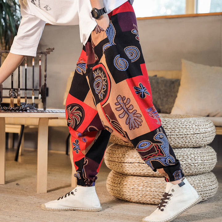 Pantalon sarouel en coton à imprimé fleuri et Buddha Stones pour homme avec poches