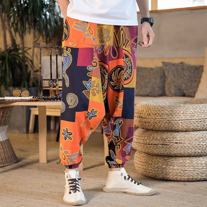 Pantalon sarouel en coton à imprimé fleuri et Buddha Stones pour homme avec poches