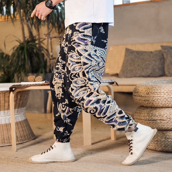 Pantalon sarouel en coton pour homme avec poches et motif de dragon chinois et Buddha Stones - Noir - US/UK/AU42，EU52 (3XL) - image 0