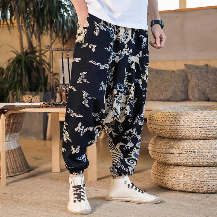 Pantalon sarouel en coton pour homme avec poches et motif de dragon chinois et Buddha Stones - image 3