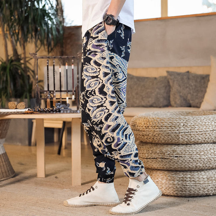 Pantalon sarouel en coton pour homme avec poches et motif de dragon chinois et Buddha Stones - image 1