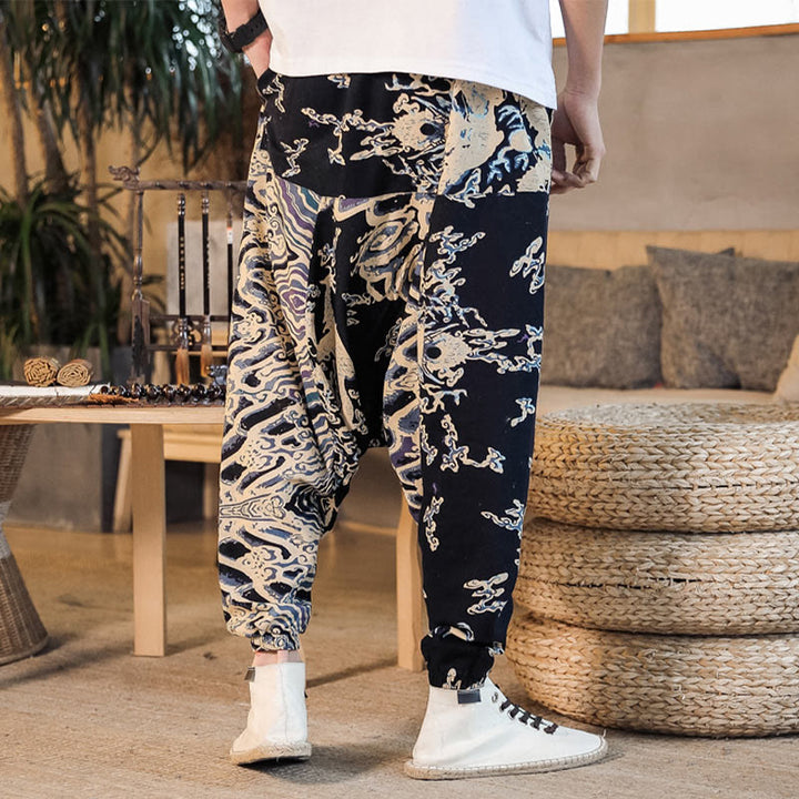 Pantalon sarouel en coton pour homme avec poches et motif de dragon chinois et Buddha Stones - image 4