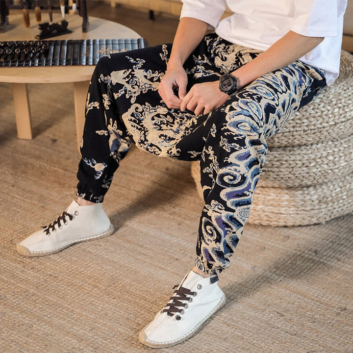 Pantalon sarouel en coton pour homme avec poches et motif de dragon chinois et Buddha Stones - image 8