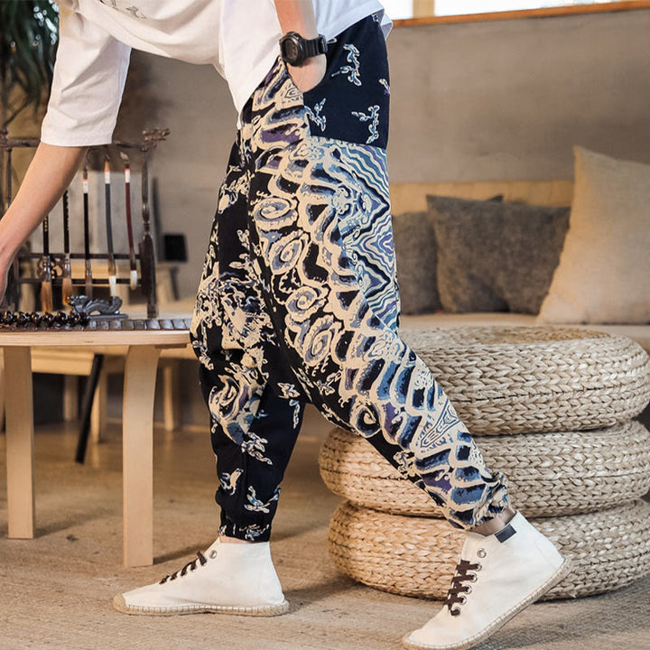 Pantalon sarouel en coton pour homme avec poches et motif de dragon chinois et Buddha Stones - image 5