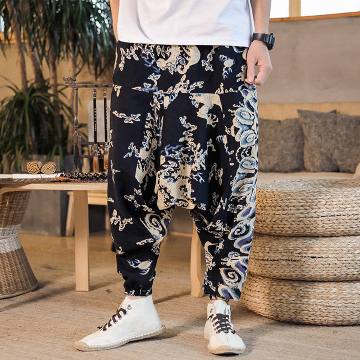 Pantalon sarouel en coton pour homme avec poches et motif de dragon chinois et Buddha Stones - image 2