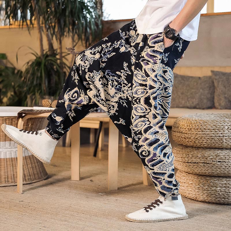 Pantalon sarouel en coton pour homme avec poches et motif de dragon chinois et Buddha Stones - image 6