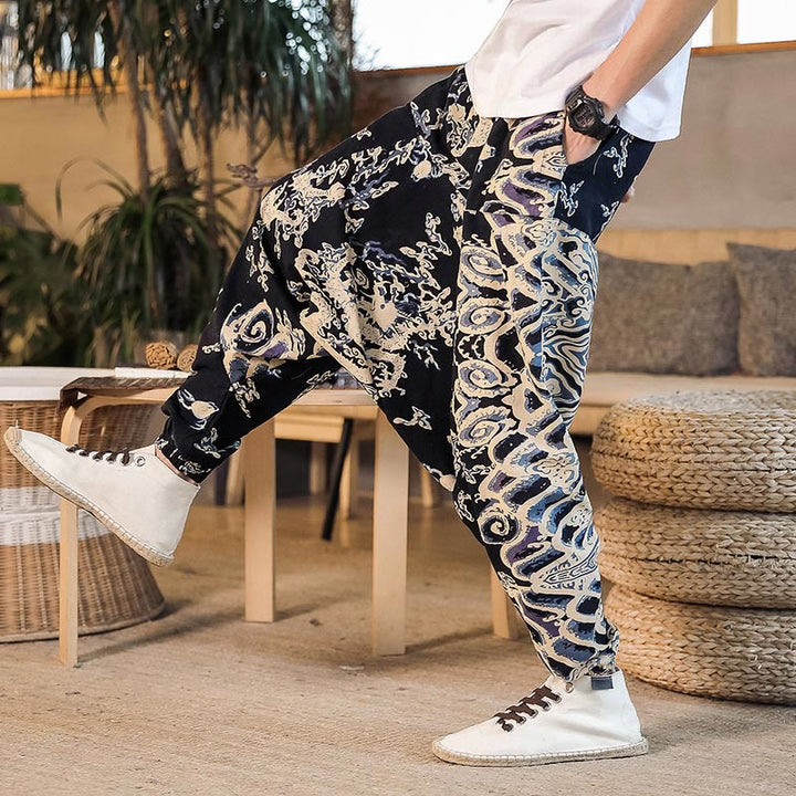 Pantalon sarouel en coton pour homme avec poches et motif de dragon chinois et Buddha Stones - image 6