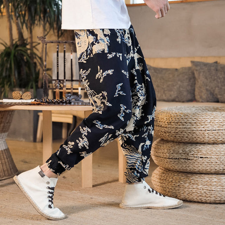 Pantalon sarouel en coton pour homme avec poches et motif de dragon chinois et Buddha Stones - image 7