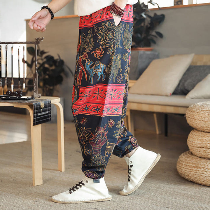 Pantalon sarouel en coton pour homme avec poches et motif de chameau coloré et Buddha Stones