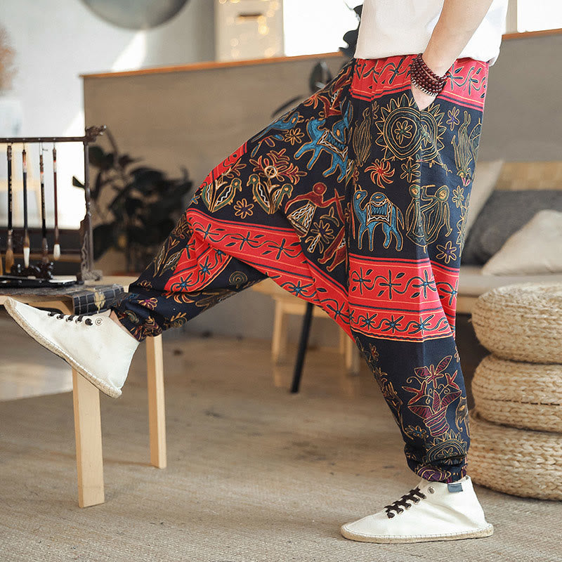 Pantalon sarouel en coton pour homme avec poches et motif de chameau coloré et Buddha Stones - Noir - US/UK/AU42，EU52 (3XL) - image 0