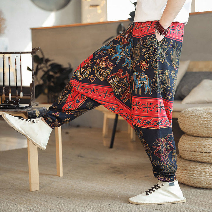 Pantalon sarouel en coton pour homme avec poches et motif de chameau coloré et Buddha Stones - Noir - US/UK/AU42，EU52 (3XL) - image 0