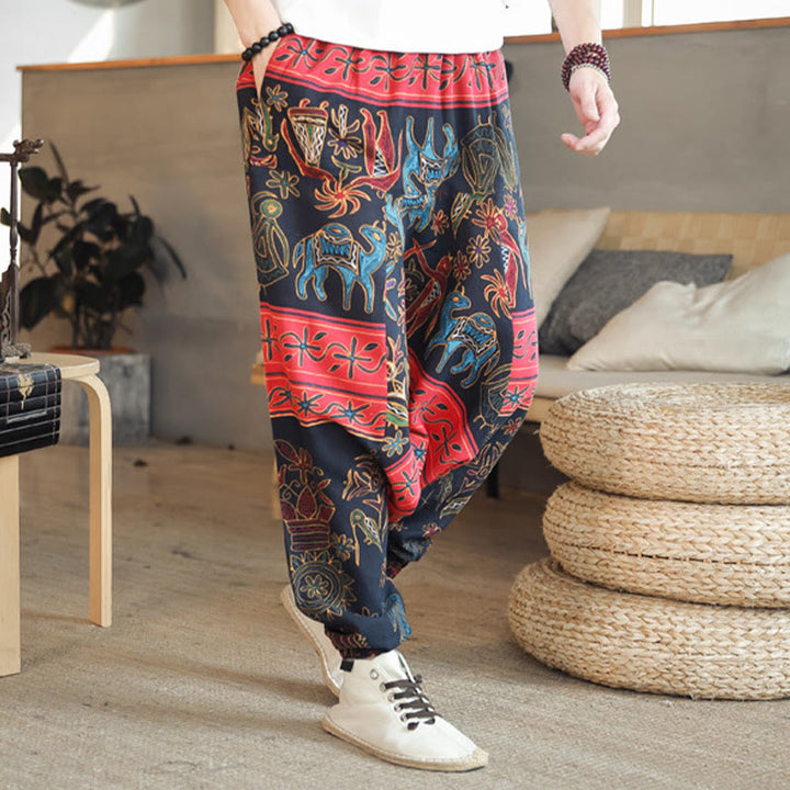 Pantalon sarouel en coton pour homme avec poches et motif de chameau coloré et Buddha Stones