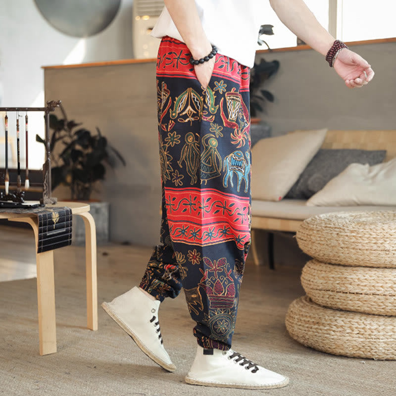 Pantalon sarouel en coton pour homme avec poches et motif de chameau coloré et Buddha Stones