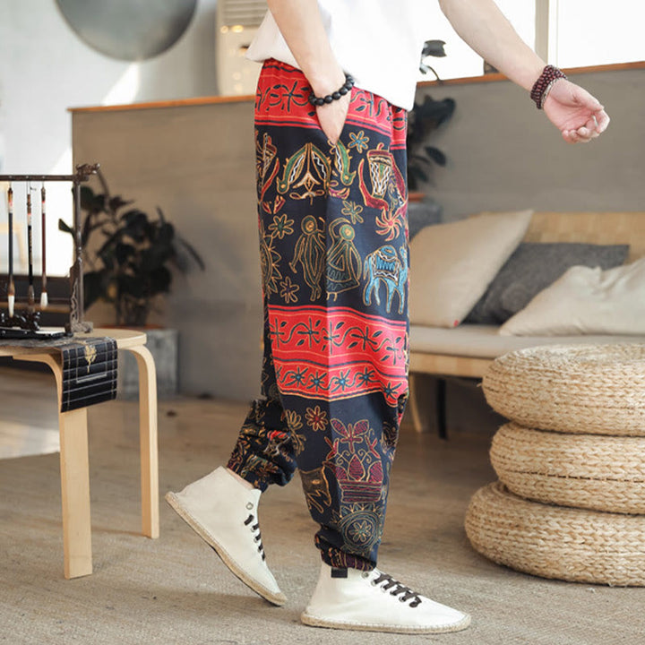 Pantalon sarouel en coton pour homme avec poches et motif de chameau coloré et Buddha Stones