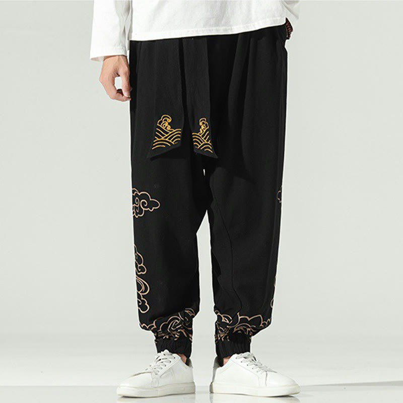 Pantalon sarouel en coton et lin avec cordon de serrage et poches pour homme Motif Buddha Stones et nuages ​​de bon augure - image 2