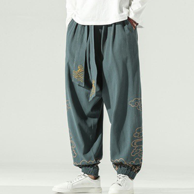 Pantalon sarouel en coton et lin avec cordon de serrage et poches pour homme Motif Buddha Stones et nuages ​​de bon augure - image 24