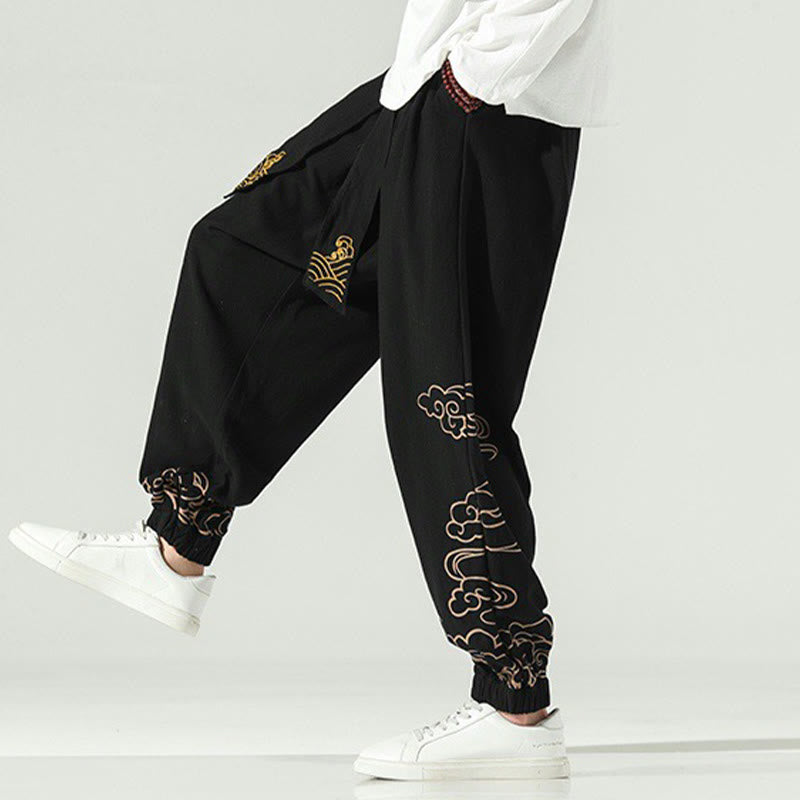 Pantalon sarouel en coton et lin avec cordon de serrage et poches pour homme Motif Buddha Stones et nuages ​​de bon augure - image 7
