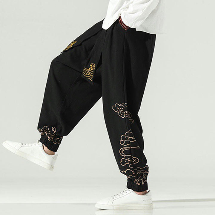 Pantalon sarouel en coton et lin avec cordon de serrage et poches pour homme Motif Buddha Stones et nuages ​​de bon augure - image 7