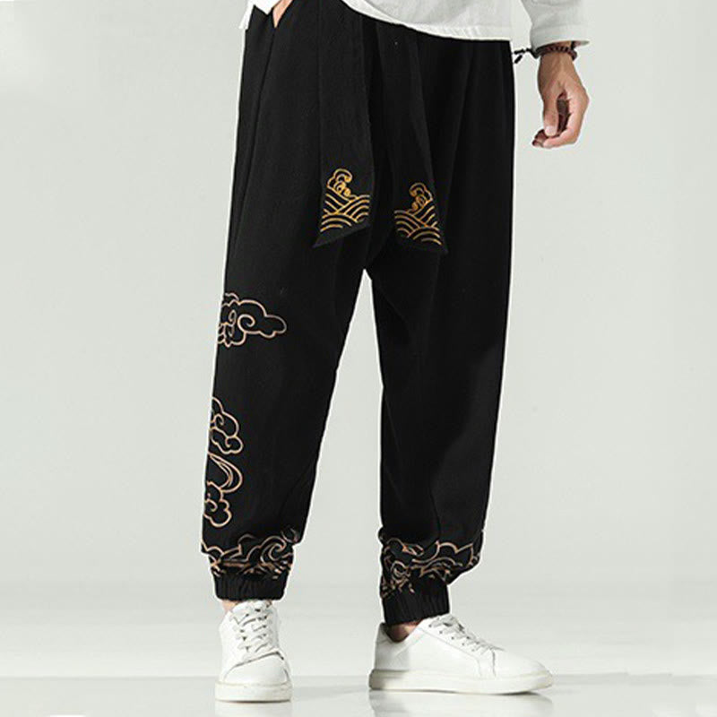 Pantalon sarouel en coton et lin avec cordon de serrage et poches pour homme Motif Buddha Stones et nuages ​​de bon augure - image 5
