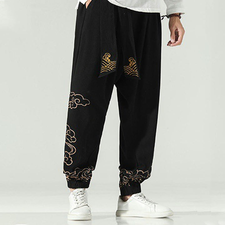 Pantalon sarouel en coton et lin avec cordon de serrage et poches pour homme Motif Buddha Stones et nuages ​​de bon augure - image 5