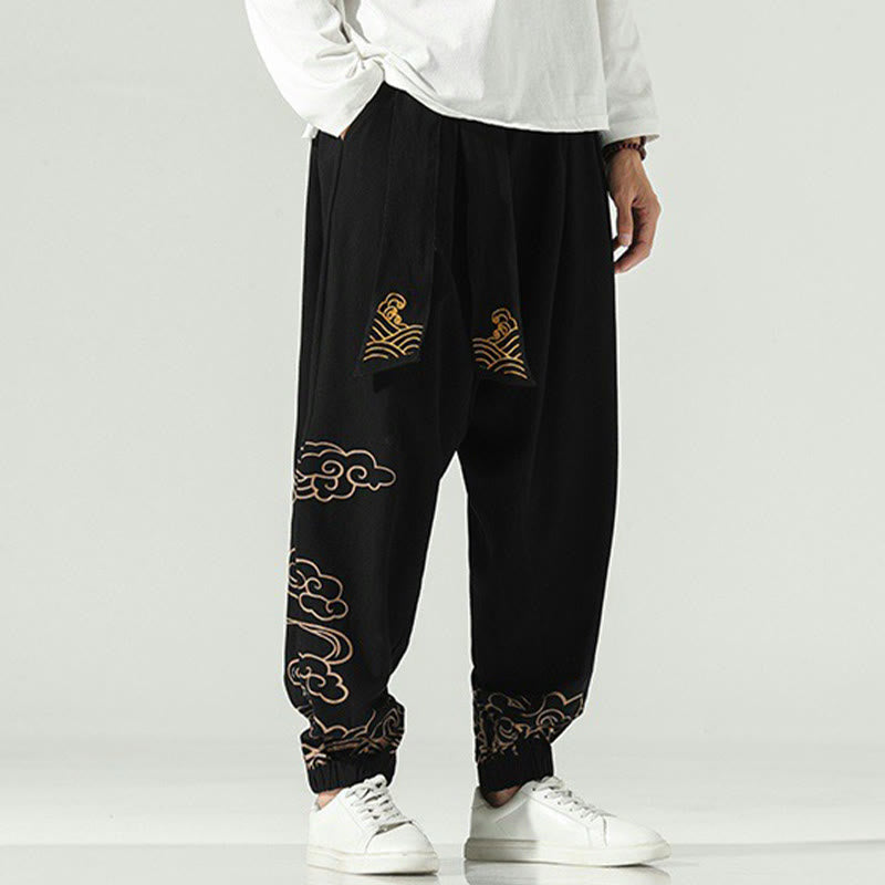 Pantalon sarouel en coton et lin avec cordon de serrage et poches pour homme Motif Buddha Stones et nuages ​​de bon augure - image 1