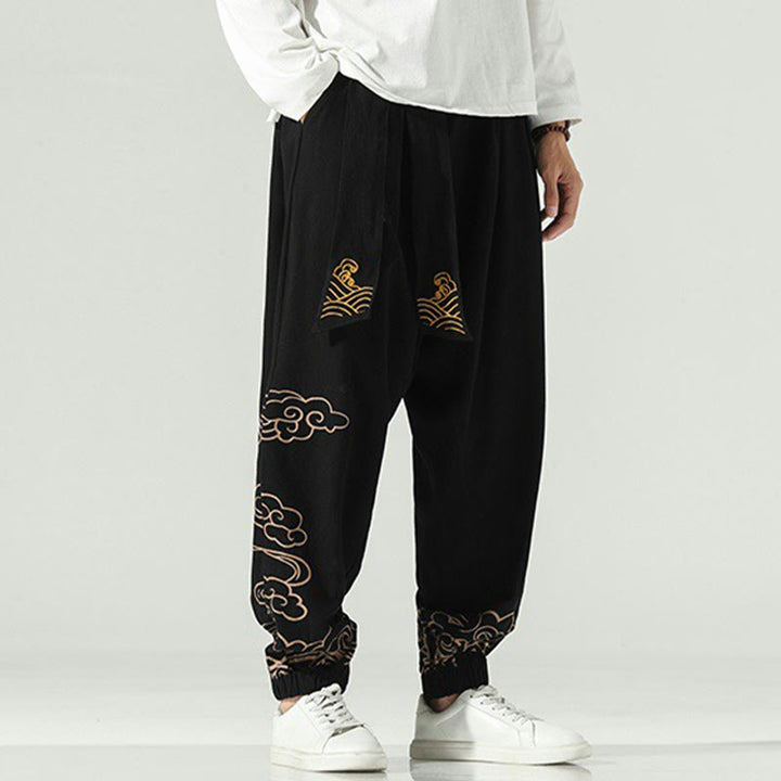 Pantalon sarouel en coton et lin avec cordon de serrage et poches pour homme Motif Buddha Stones et nuages ​​de bon augure - image 1