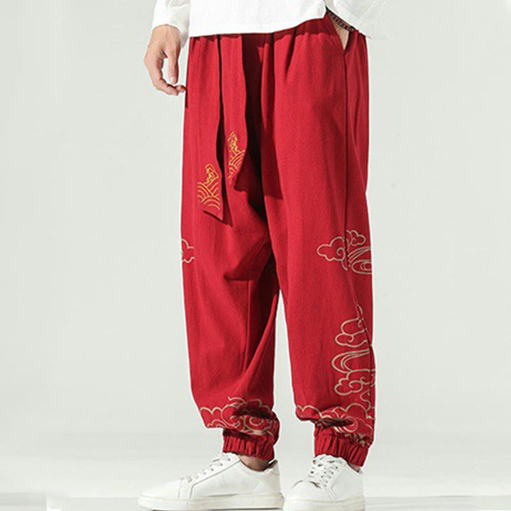 Pantalon sarouel en coton et lin avec cordon de serrage et poches pour homme Motif Buddha Stones et nuages ​​de bon augure - image 19