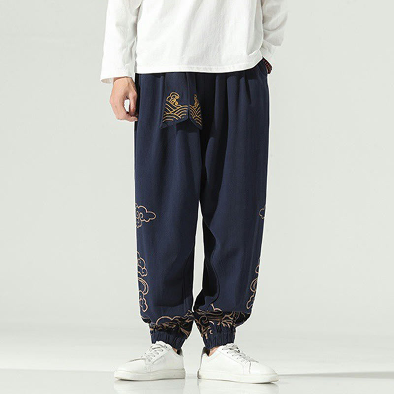 Pantalon sarouel en coton et lin avec cordon de serrage et poches pour homme Motif Buddha Stones et nuages ​​de bon augure - Bleu nuit - US/UK/AU46，EU56 (5XL) - image 11