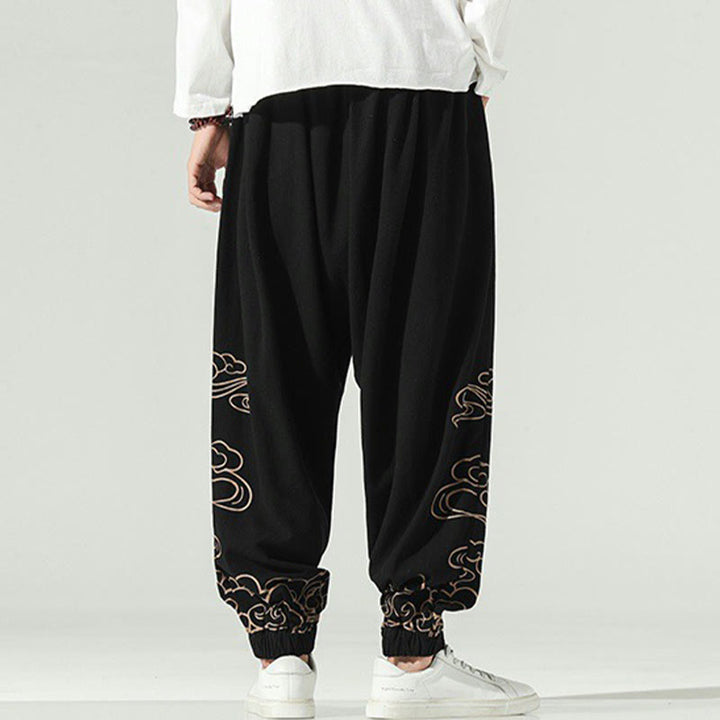 Pantalon sarouel en coton et lin avec cordon de serrage et poches pour homme Motif Buddha Stones et nuages ​​de bon augure - image 4