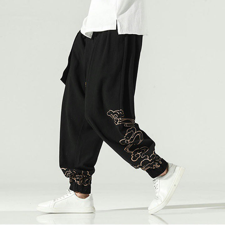 Pantalon sarouel en coton et lin avec cordon de serrage et poches pour homme Motif Buddha Stones et nuages ​​de bon augure - image 8