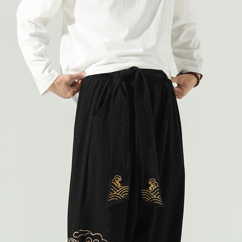 Pantalon sarouel en coton et lin avec cordon de serrage et poches pour homme Motif Buddha Stones et nuages ​​de bon augure - image 10