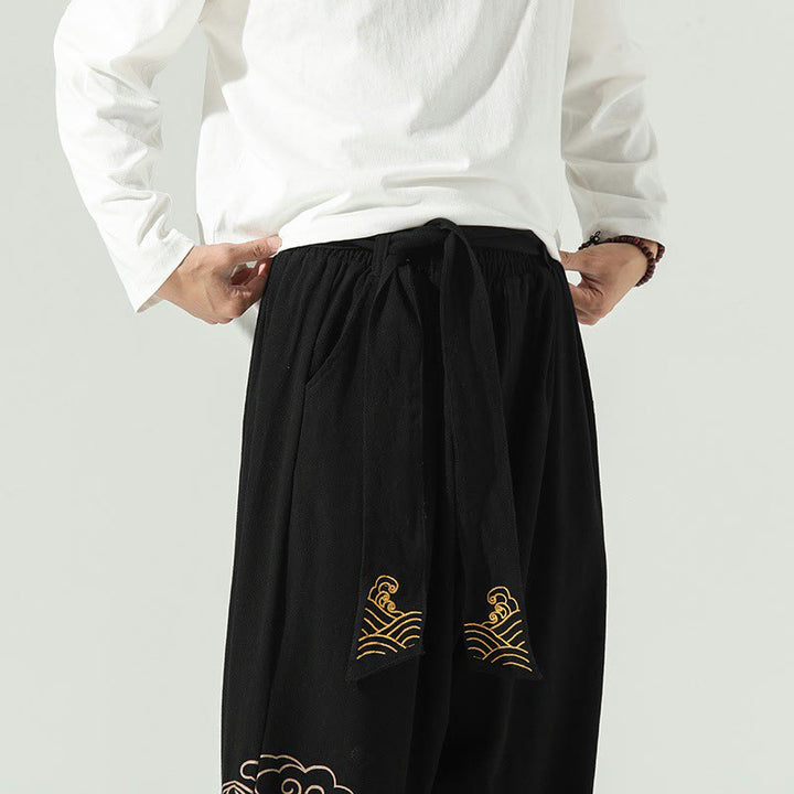 Pantalon sarouel en coton et lin avec cordon de serrage et poches pour homme Motif Buddha Stones et nuages ​​de bon augure - image 10