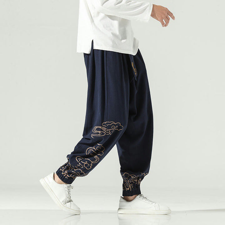 Pantalon sarouel en coton et lin avec cordon de serrage et poches pour homme Motif Buddha Stones et nuages ​​de bon augure - image 12