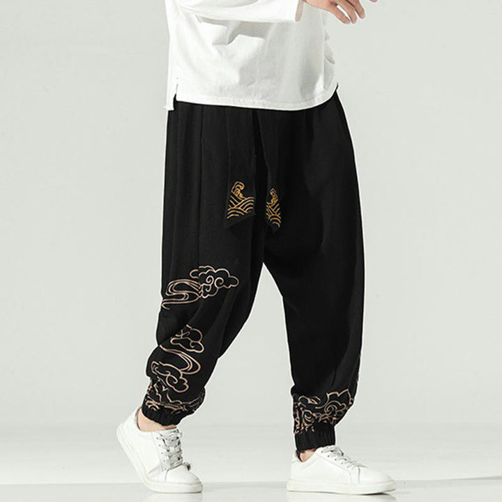 Pantalon sarouel en coton et lin avec cordon de serrage et poches pour homme Motif Buddha Stones et nuages ​​de bon augure - image 3