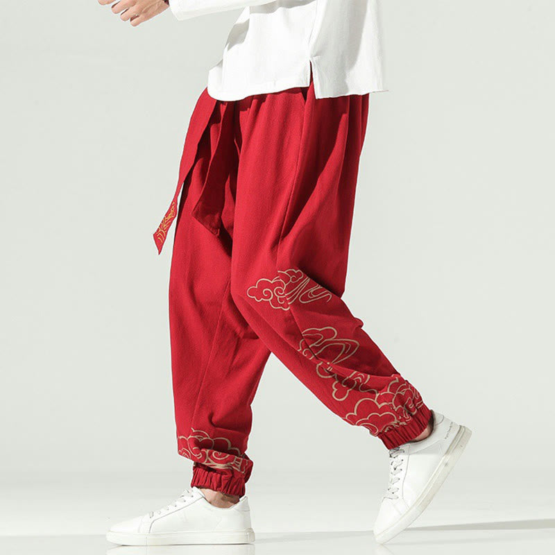 Pantalon sarouel en coton et lin avec cordon de serrage et poches pour homme Motif Buddha Stones et nuages ​​de bon augure - image 20