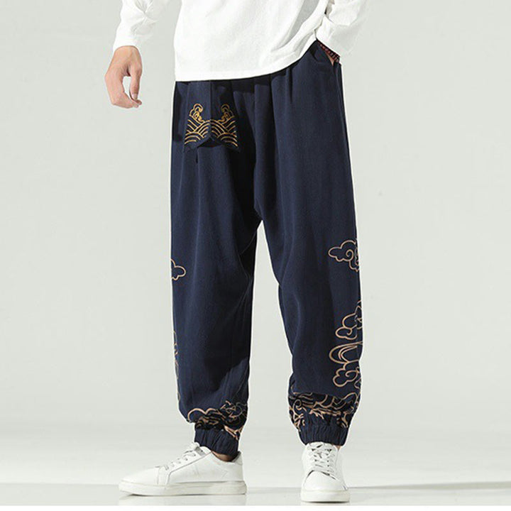 Pantalon sarouel en coton et lin avec cordon de serrage et poches pour homme Motif Buddha Stones et nuages ​​de bon augure - image 13