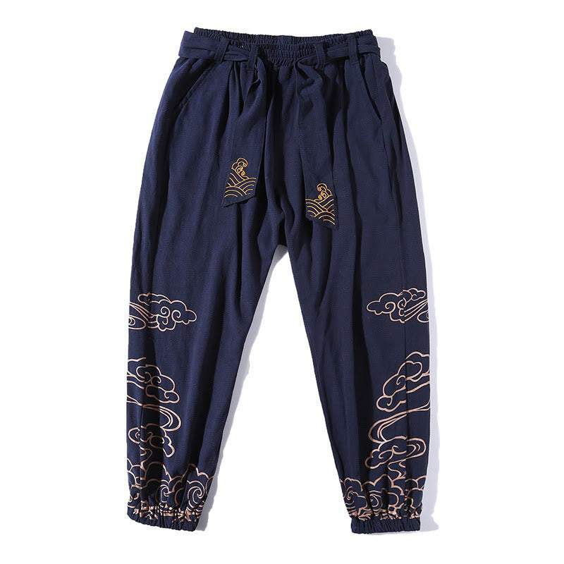 Pantalon sarouel en coton et lin avec cordon de serrage et poches pour homme Motif Buddha Stones et nuages ​​de bon augure - image 14