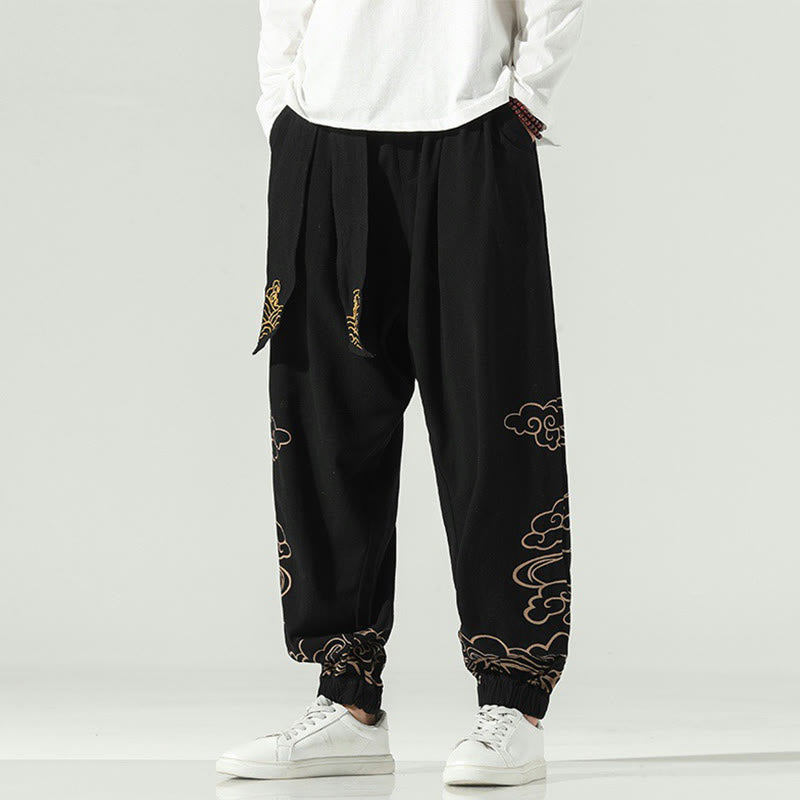 Pantalon sarouel en coton et lin avec cordon de serrage et poches pour homme Motif Buddha Stones et nuages ​​de bon augure - image 6