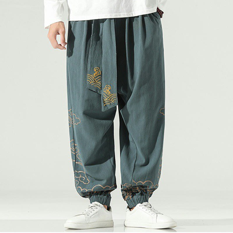 Pantalon sarouel en coton et lin avec cordon de serrage et poches pour homme Motif Buddha Stones et nuages ​​de bon augure - image 23