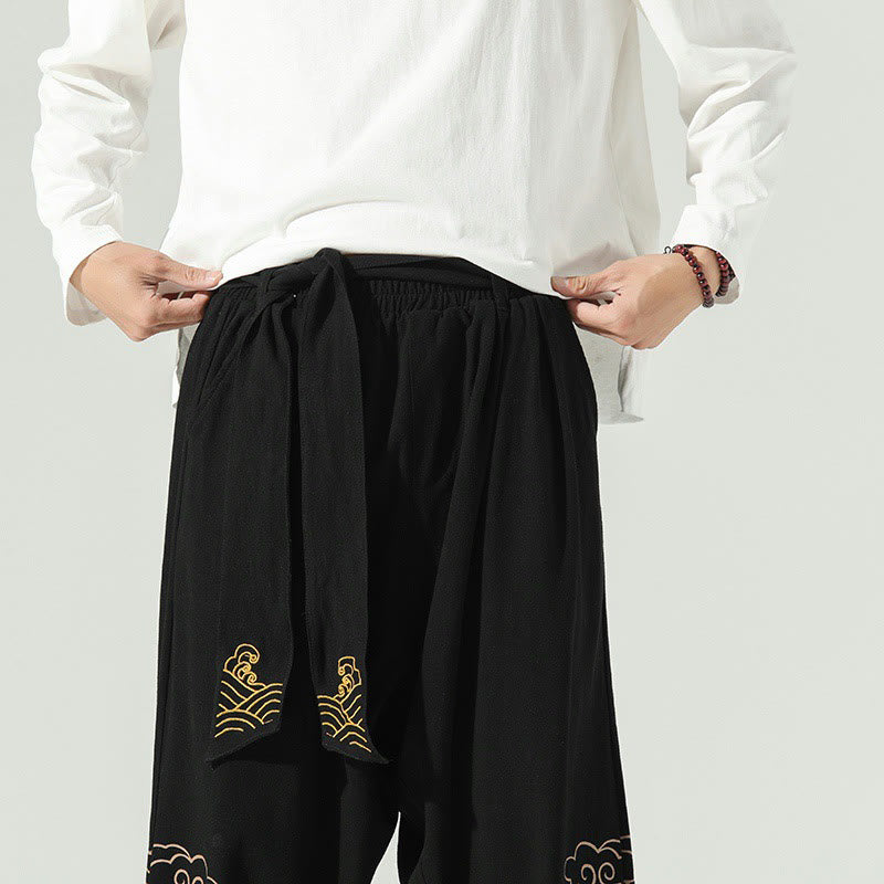 Pantalon sarouel en coton et lin avec cordon de serrage et poches pour homme Motif Buddha Stones et nuages ​​de bon augure - image 9