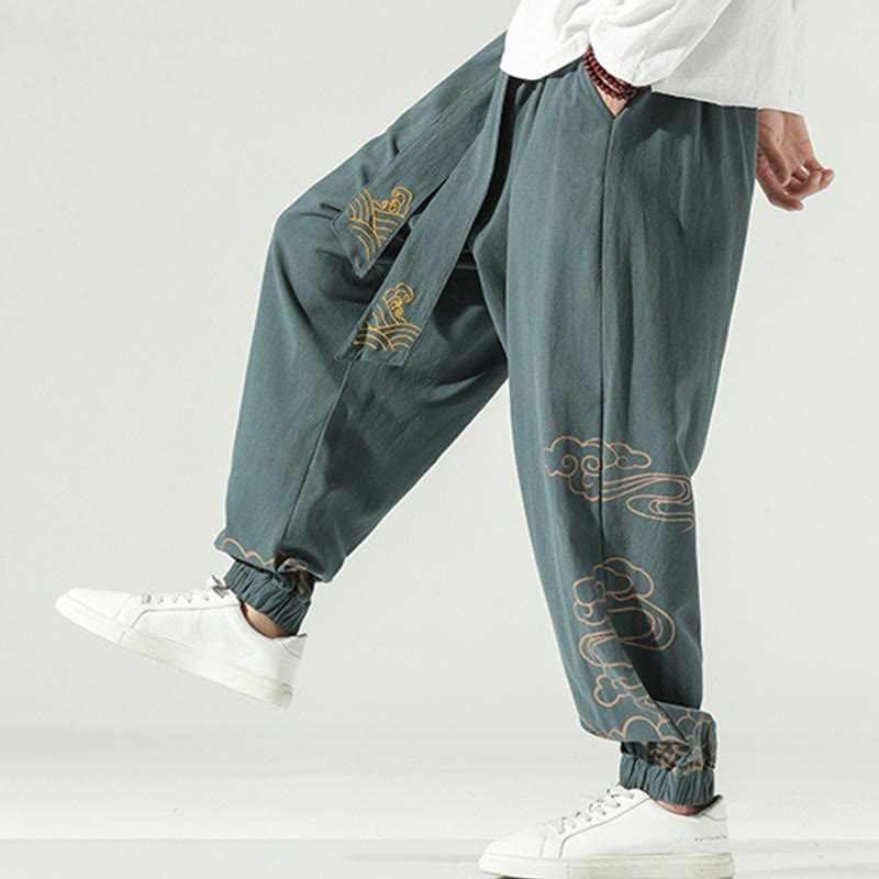Pantalon sarouel en coton et lin avec cordon de serrage et poches pour homme Motif Buddha Stones et nuages ​​de bon augure - image 25