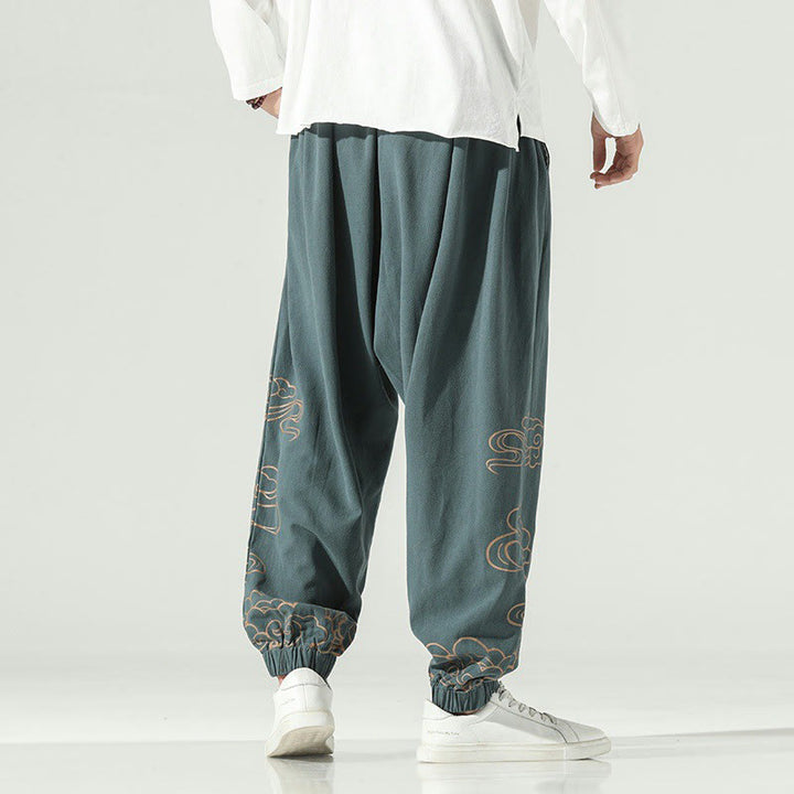 Pantalon sarouel en coton et lin avec cordon de serrage et poches pour homme Motif Buddha Stones et nuages ​​de bon augure - image 26