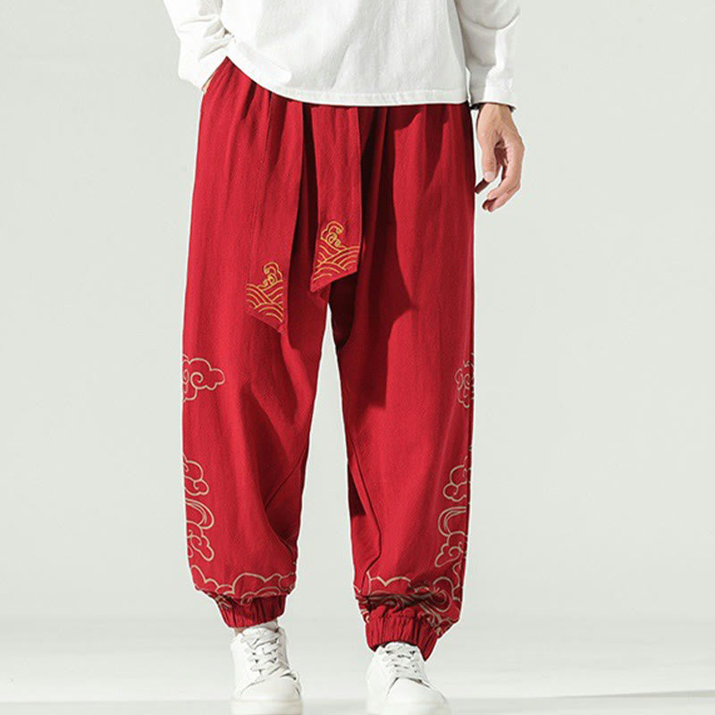 Pantalon sarouel en coton et lin avec cordon de serrage et poches pour homme Motif Buddha Stones et nuages ​​de bon augure - Rouge - US/UK/AU46，EU56 (5XL) - image 15