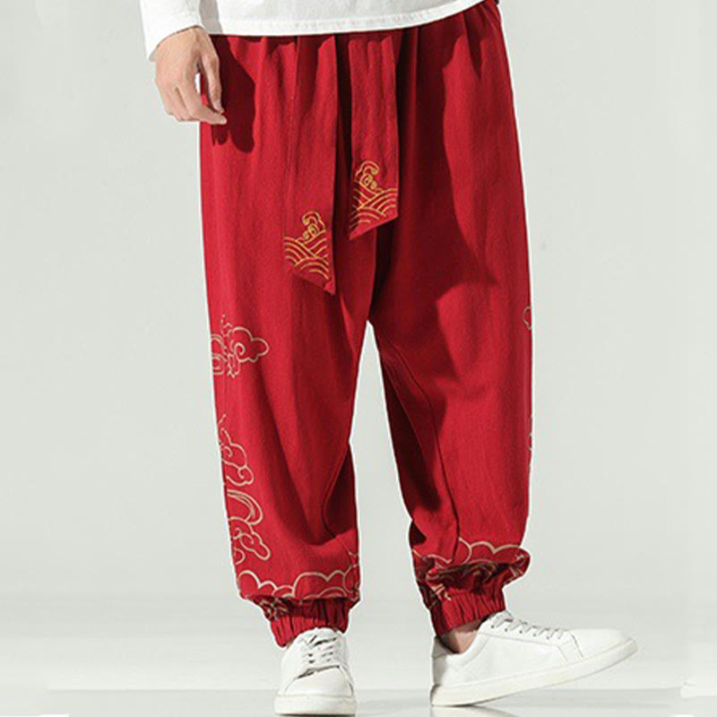 Pantalon sarouel en coton et lin avec cordon de serrage et poches pour homme Motif Buddha Stones et nuages ​​de bon augure - image 17