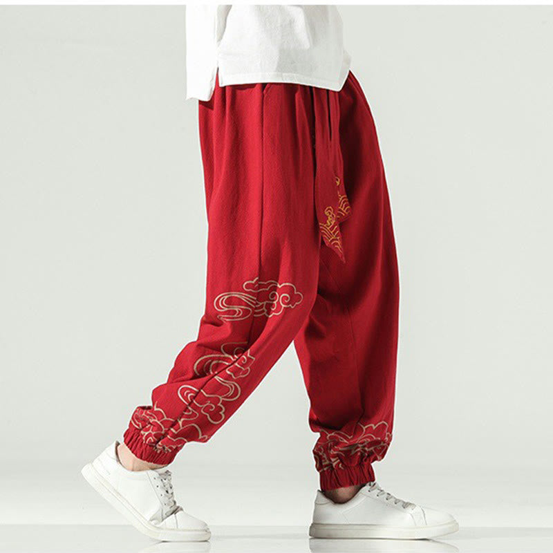 Pantalon sarouel en coton et lin avec cordon de serrage et poches pour homme Motif Buddha Stones et nuages ​​de bon augure - image 21